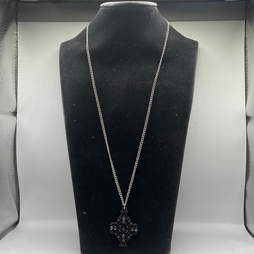 Black Beaded Cross Pendant Necklace - Women Jewelry